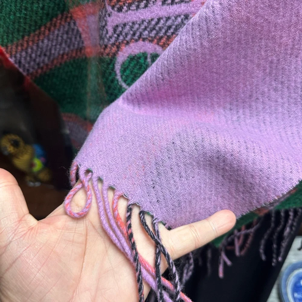 NEW Kate Spade Plaid Scarf PURPLE GREEN Fringe - Picture 3 of 4